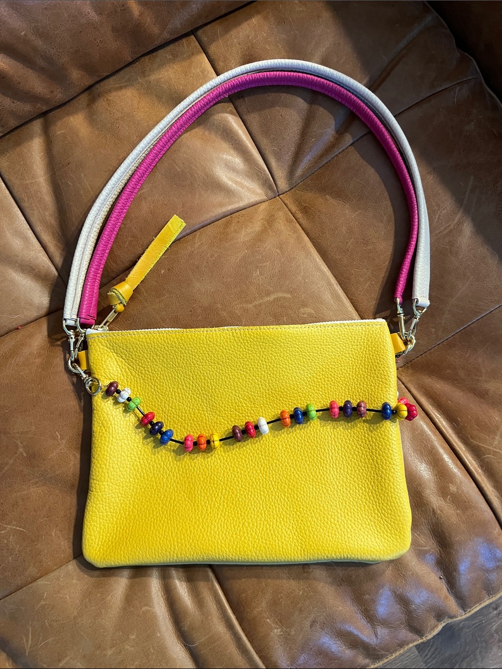 Baqette Yellow Crossbody with 2 Straps and Decorative Beadshop Brand Strap